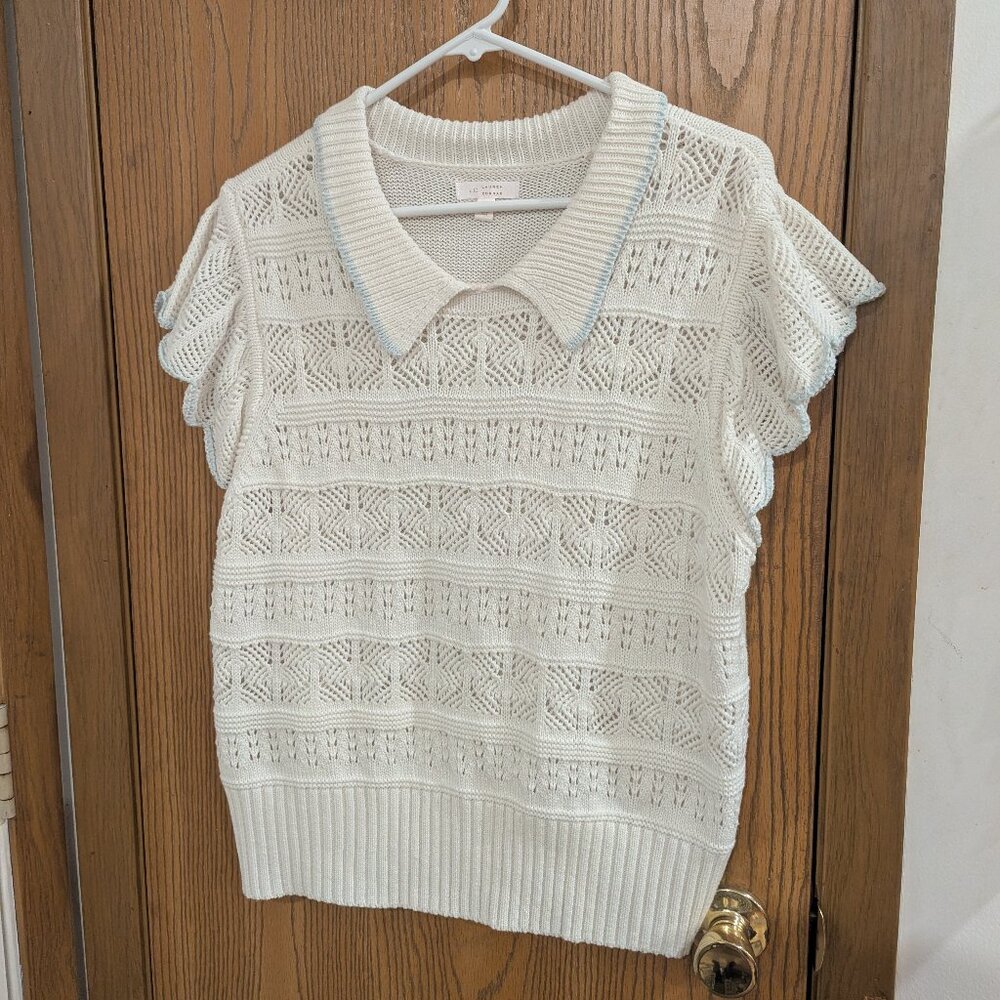 Lauren Conrad Open Knit Flutter Sleeve Collar Cream Sweater Top Cottage Core XXL